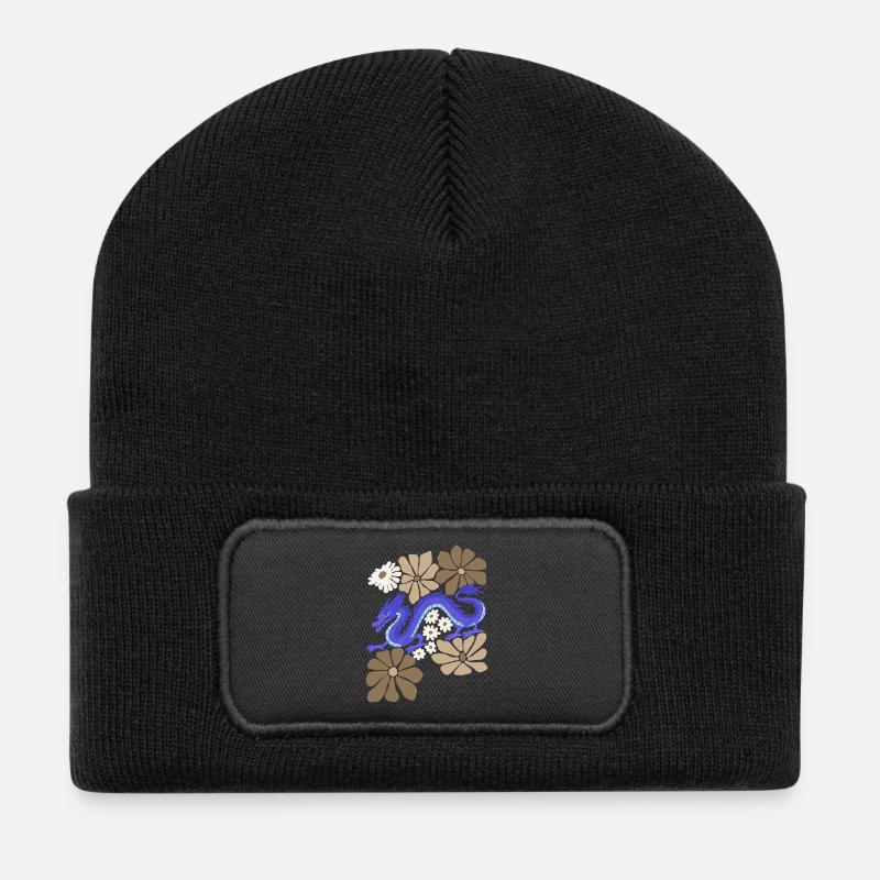 Dragon bleu floral - Beanie recyclé à patch - noir