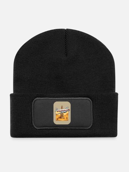 Vintage airplane over oil rig desert - Recycled Patch Beanie - black