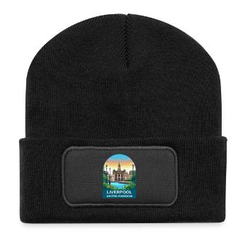 Liverpool Skyline UK Uferillustration - Recycelte Patch Beanie - Schwarz - Vorne