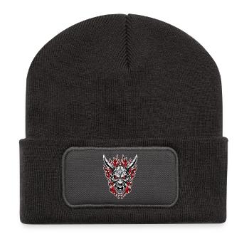 Oni-Maske Höllenporträt Rot Schwarz - Recycelte Patch Beanie - Dunkelgrau - Vorne