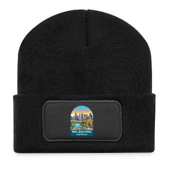 Melbourne Australia Flinders St Travel Poster - Recycled Patch Beanie - black - Front