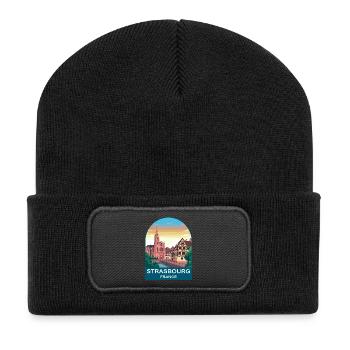 Straßburg, Frankreich Vintage-Reiseplakat-Design - Recycelte Patch Beanie - Schwarz - Vorne