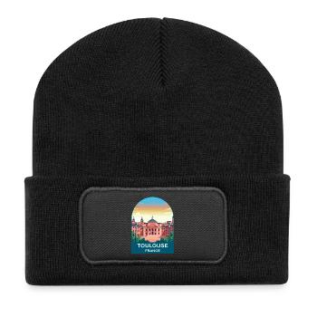 Toulouse France Pink City Vintage Travel Poster - Recycled Patch Beanie - black - Front