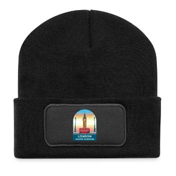 London UK Vintage Travel Poster Art - Recycled Patch Beanie - black - Front