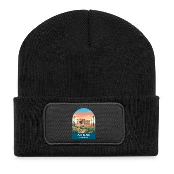 Athens Greece Vintage Travel Poster Art - Recycled Patch Beanie - black - Front