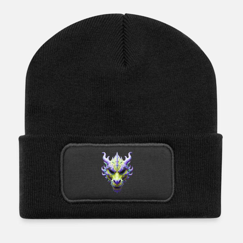 Aurora-Grüne Drachenmaske - Recycelte Patch Beanie - Schwarz