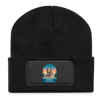Zurich Switzerland Vintage Travel Poster - Recycled Patch Beanie - black - Front