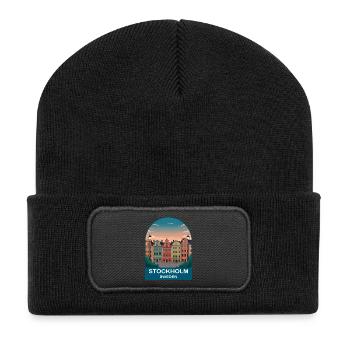 Stockholm Sweden Vintage Travel Poster Art - Recycled Patch Beanie - black - Front
