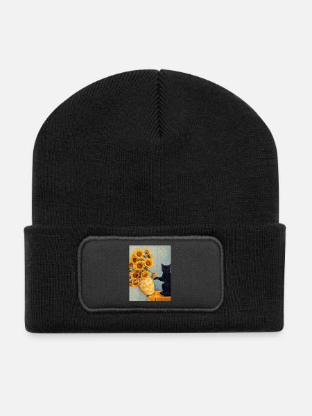 Sunflowers and Black Cat Art Parody - Recycled Patch Beanie - black