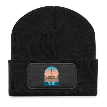 Art d’affiches de voyage vintage à Bruges en Belgique - Beanie recyclé à patch - noir - Devant