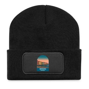 Bergen Norwegen Vintage-Reiseplakatkunst - Recycelte Patch Beanie - Schwarz - Vorne