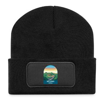 Peking China Große Mauer Vintage-Reiseplakat - Recycelte Patch Beanie - Schwarz - Vorne