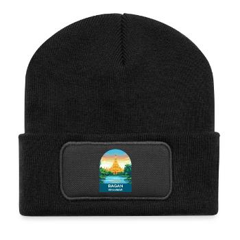 Bagan Myanmar Temple Vintage Travel Poster - Recycled Patch Beanie - black - Front