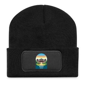 Nara Japan Temple and Deer Vintage Travel Art - Recycled Patch Beanie - black - Front