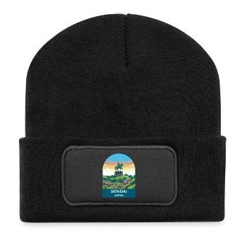 Sendai Japan Samurai Statue Vintage Travel Art - Recycled Patch Beanie - black - Front