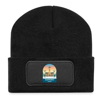 Sapporo Japan Clock Tower Vintage Snow Travel Art - Recycled Patch Beanie - black - Front