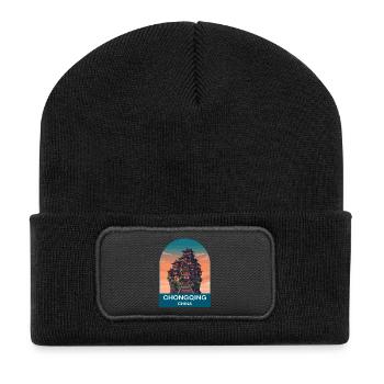 Chongqing China Hongyadong Vintage-Reiseplakat - Recycelte Patch Beanie - Schwarz - Vorne