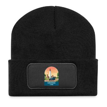 Affiche de voyage de voitures anciennes de La Havane, Cuba, - Beanie recyclé à patch - noir - Devant