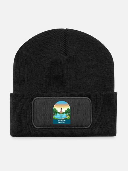 Hanoi Vietnam Pagode Vintage-Reiseposter - Recycelte Patch Beanie - Schwarz