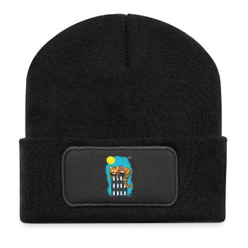 Katze über Wolkenkratzer - Recycelte Patch Beanie - Schwarz - Vorne