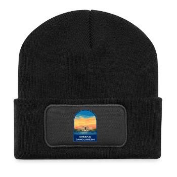 Dhaka Bangladesh Parlament Retro Sonnenuntergangsabzeichen - Recycelte Patch Beanie - Schwarz - Vorne