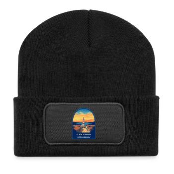 Colonia Uruguay Lighthouse Retro Sunset Badge - Recycled Patch Beanie - black - Front