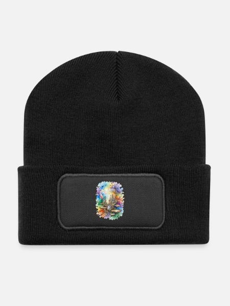 Vibrant Watercolor Floating Crystal Castle Art - Recycled Patch Beanie - black