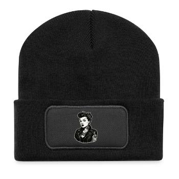 Rebellisches 50s Pin-Up Girl Lederjacke - Recycelte Patch Beanie - Schwarz - Vorne