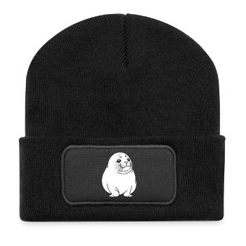 Moppelige Robbe One Line Tiermotiv - Recycelte Patch Beanie - Schwarz - Vorne