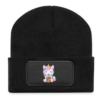 Niedlicher Einhorn mit Bubble Tea - Recycelte Patch Beanie - Schwarz - Vorne