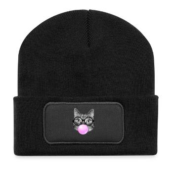 Chat portant des lunettes de lecture et du bubble gum rose - Beanie recyclé à patch - noir - Devant