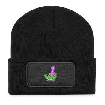 1 Jahr alt - Einschulung - Iguana Motiv - Zahl 1 - Recycelte Patch Beanie - Schwarz - Vorne