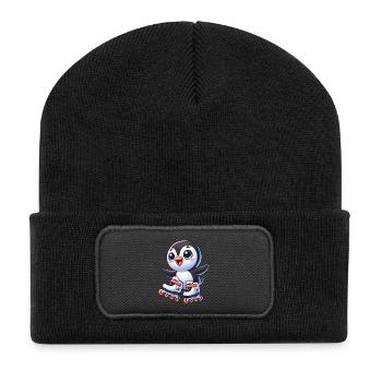 Mignon pingouin patins à roues alignées dessin animé saut - Beanie recyclé à patch - noir - Devant