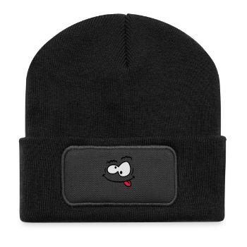 Lustiges Komisches Verrücktes Smiley Gesicht - Recycelte Patch Beanie - Schwarz - Vorne