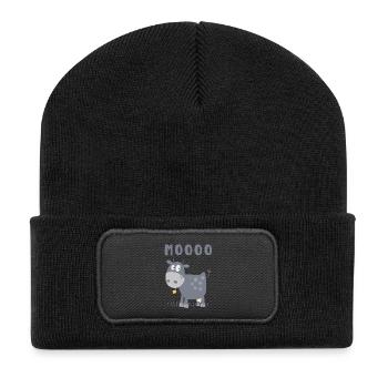 Mooo Kuh Comic Rind Bauernhoftier Comic - Recycelte Patch Beanie - Schwarz - Vorne