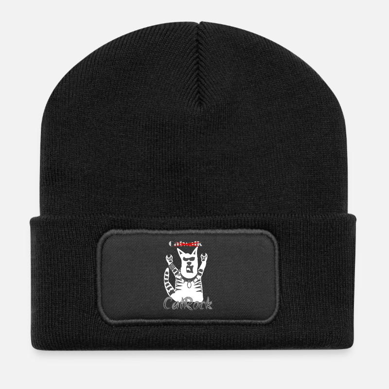 Witzige Katze Pommesgabel Heavy Metal - Recycelte Patch Beanie - Schwarz