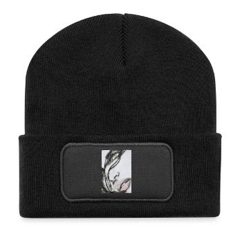 Schöne Frau Portrait – Realistische Skizze - Recycelte Patch Beanie - Schwarz - Vorne