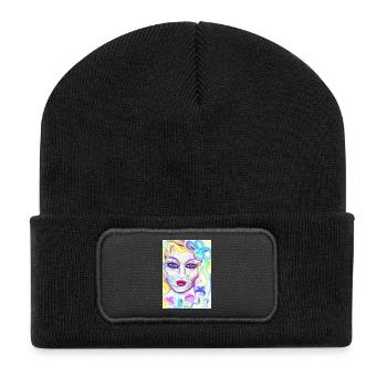 Farbenfrohe Fantasieporträtdesign - Recycelte Patch Beanie - Schwarz - Vorne