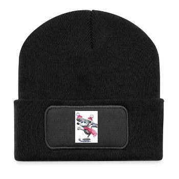 Festliche Maus mit Weihnachtsmütze - Recycelte Patch Beanie - Schwarz - Vorne