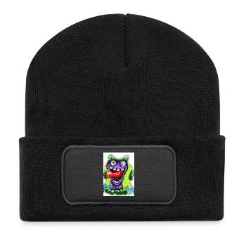 Bunter Cartoon Monster mit Riesenzunge - Recycelte Patch Beanie - Schwarz - Vorne
