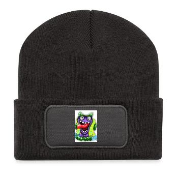 Bunter Cartoon Monster mit Riesenzunge - Recycelte Patch Beanie - Dunkelgrau - Vorne