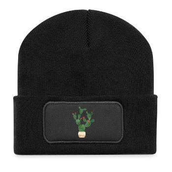 Kaktus im Blumentopf - Recycelte Patch Beanie - Schwarz - Vorne