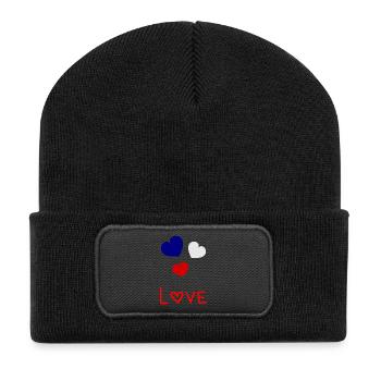 HERZ. HERZ. VALENTINSTAG. LIEBE. LIEBE. PAAR. - Recycelte Patch Beanie - Schwarz - Vorne