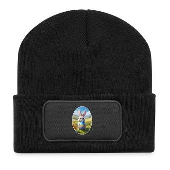 Osterhase mit Ei, Oval - Recycelte Patch Beanie - Schwarz - Vorne