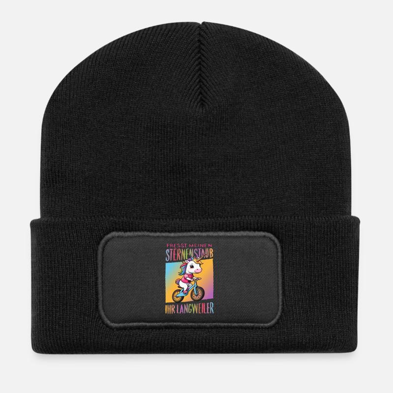 Süßes Einhorn auf Fahrrad - Recycelte Patch Beanie - Schwarz