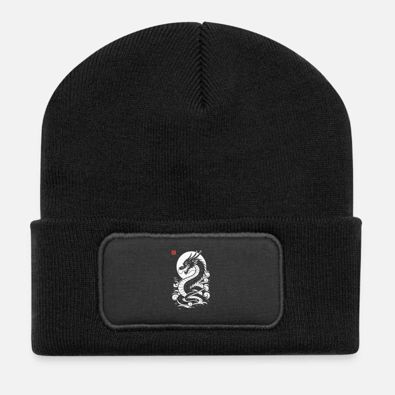 Japanischer Drache, rot-weißer japanischer Druckstil - Recycelte Patch Beanie - Schwarz