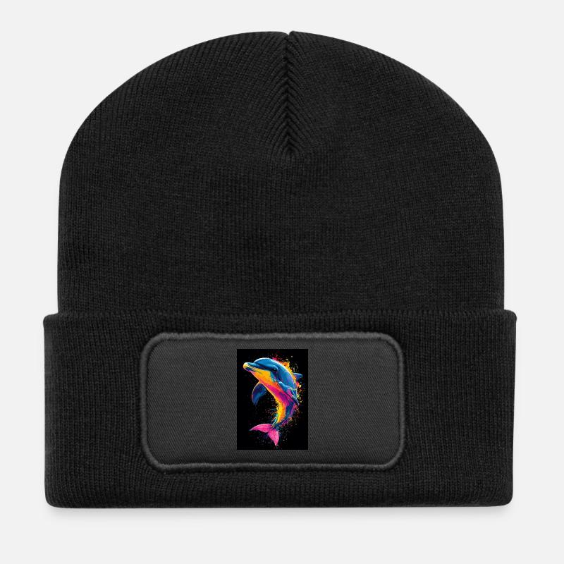 Delfin Pop Art Bunt - Recycelte Patch Beanie - Schwarz