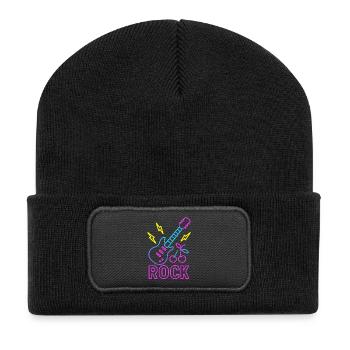 Neon Rock Vibes – Buntes Gitarren-Design - Recycelte Patch Beanie - Schwarz - Vorne