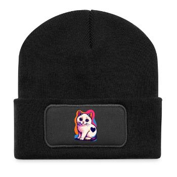 Bunte Katze mit Herz-Akzent - Recycelte Patch Beanie - Schwarz - Vorne
