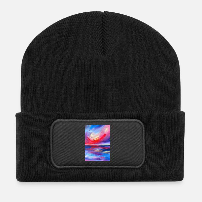 Lebendiges Sonnenaufgangs-Seelandschafts-Kunstwerk - Recycelte Patch Beanie - Schwarz